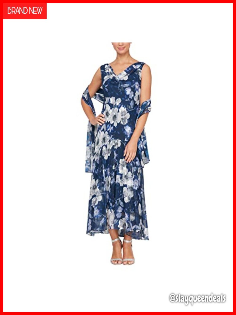 Sleeveless Cowl Neck Floral Print Chiffon Gown with Shawl Tea Length